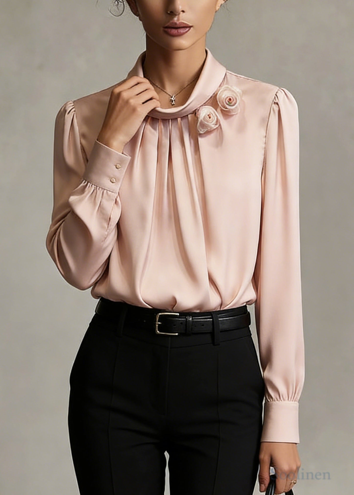 Pink Floral Decorated Chiffon Shirts Stand Collar Wrinkled Spring