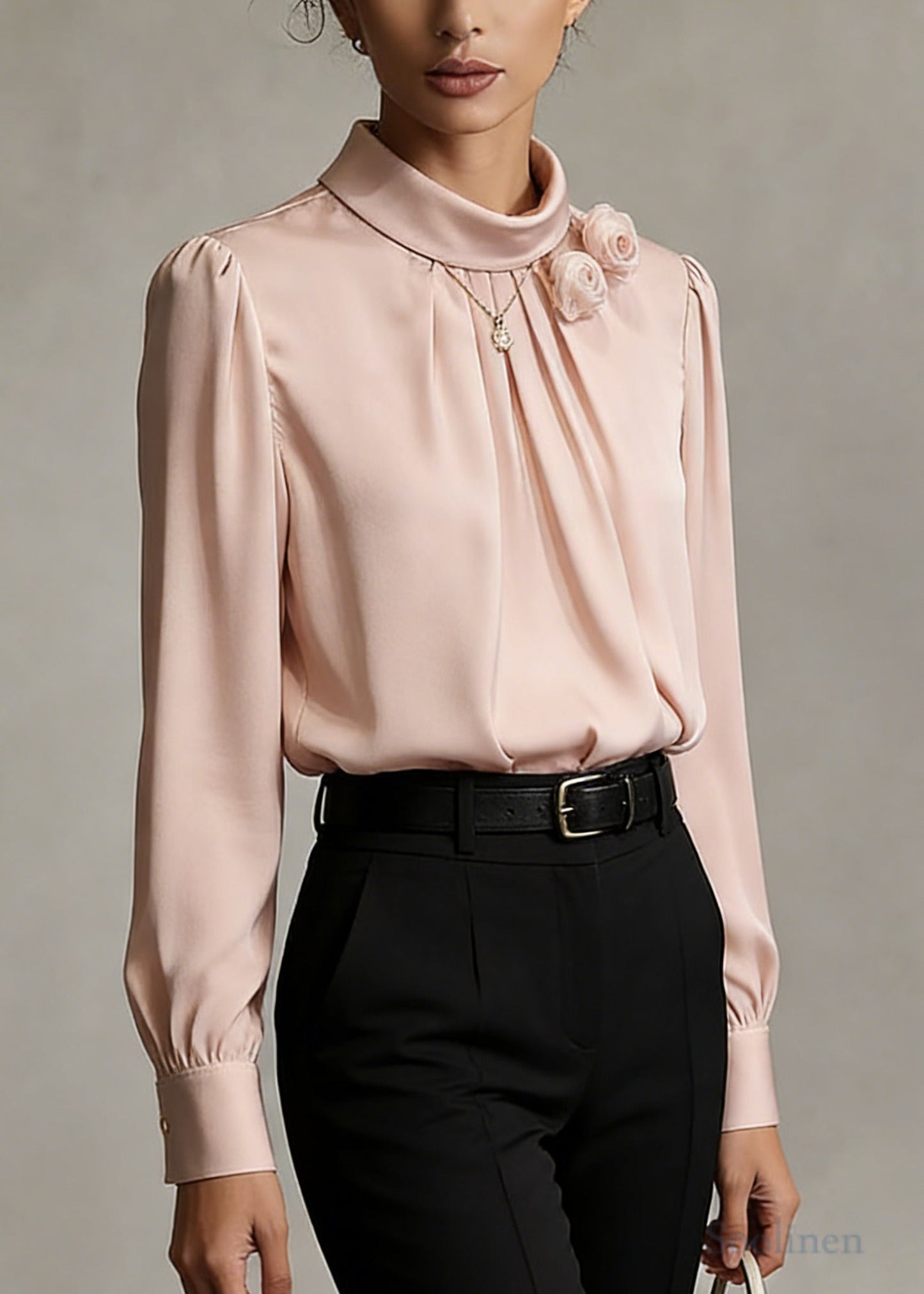 Pink Floral Decorated Chiffon Shirts Stand Collar Wrinkled Spring