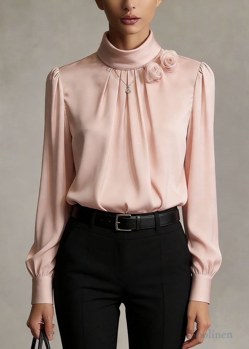 Pink Decorated Chiffon Shirts Stand Collar Wrinkled Spring
