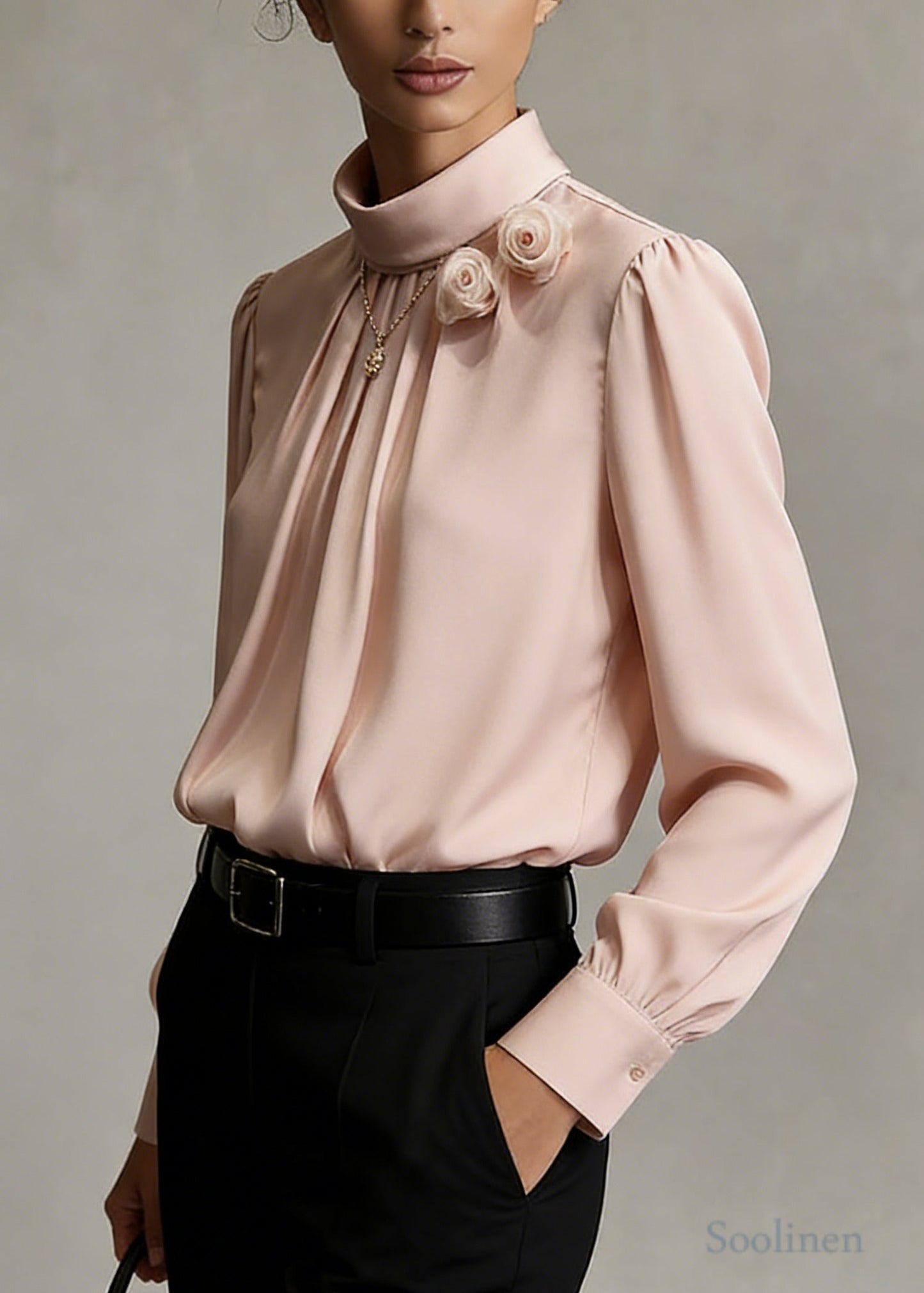 Pink Floral Decorated Chiffon Shirts Stand Collar Wrinkled Spring