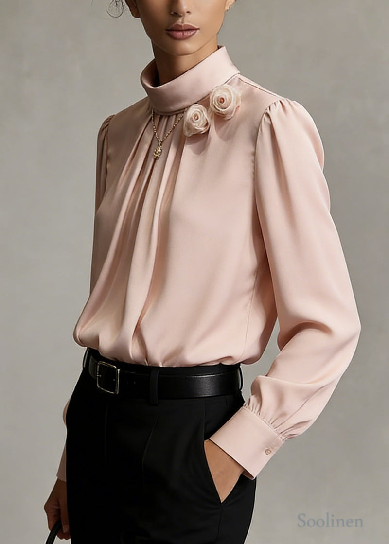 Pink Decorated Chiffon Shirts Stand Collar Wrinkled Spring