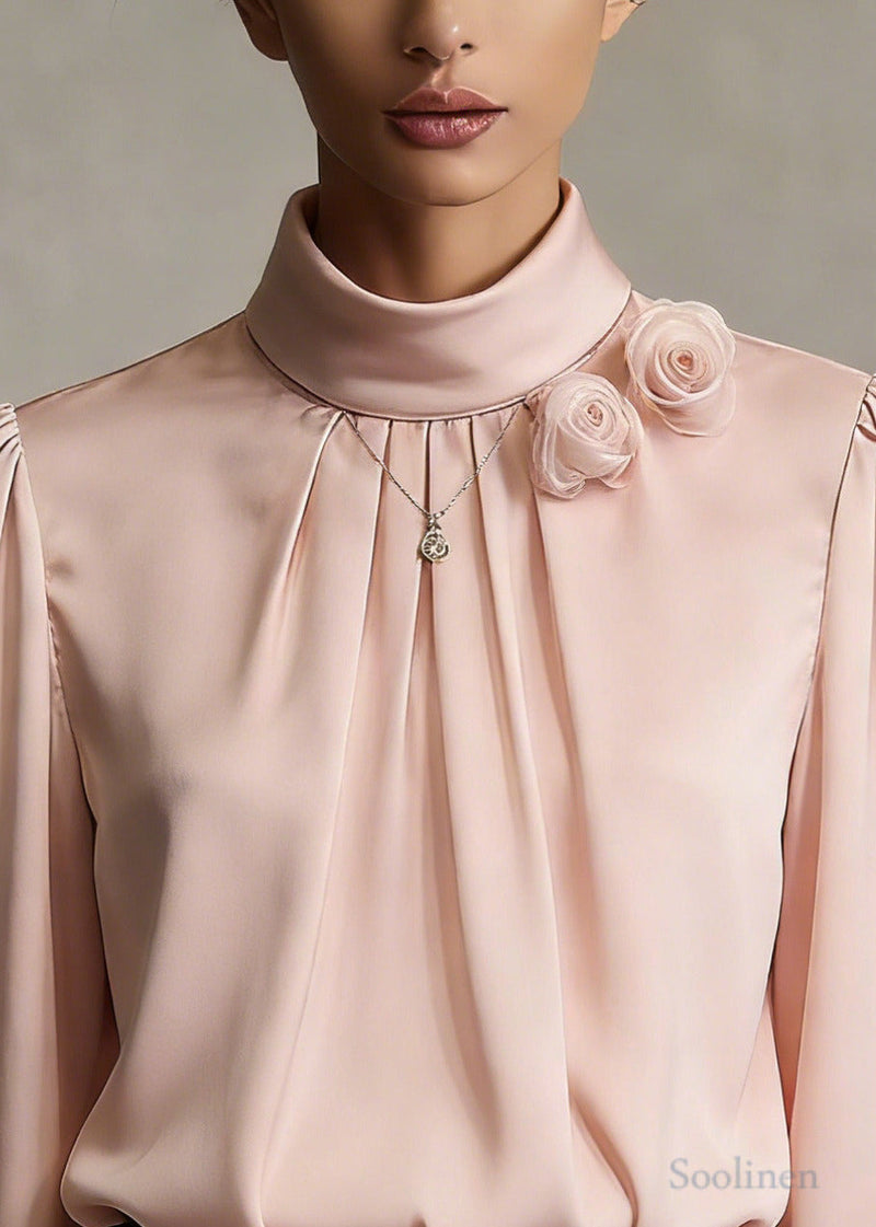 Pink Decorated Chiffon Shirts Stand Collar Wrinkled Spring