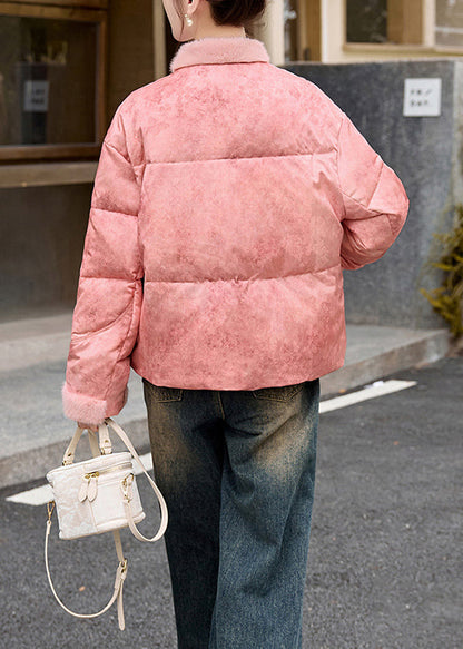 Pink Fur Patchwork Duck Down Puffer Jacket Winter