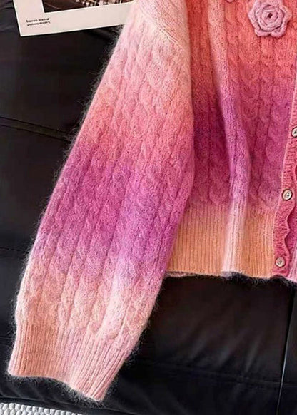 Pink Gradient Color Button Knit Cardigan V Neck Fall