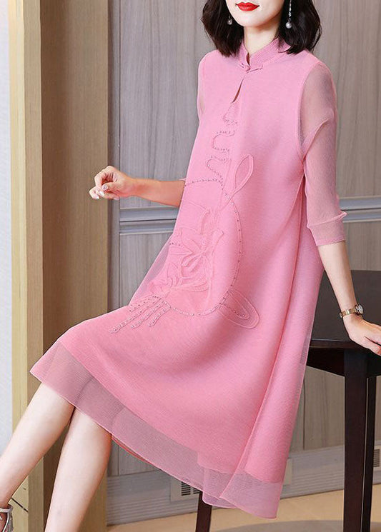 Pink Jacquard a Line Dress Mandarin Collar Wrinkled Bracelet Sleeve