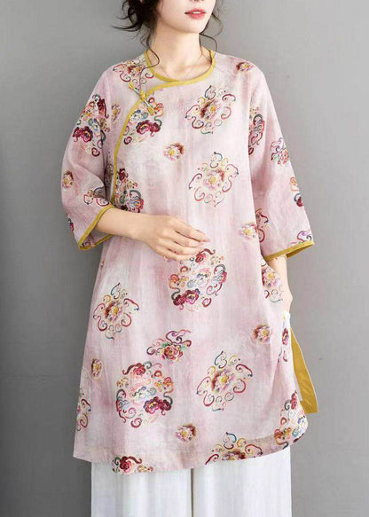 Pink O-neck Button Linen Shirts Summer