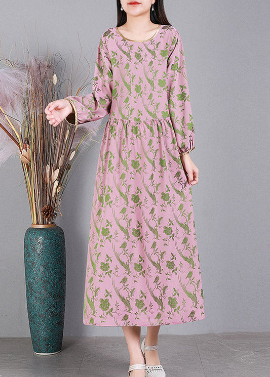 Pink O-neck Cinched Silk Dress Long Sleeve