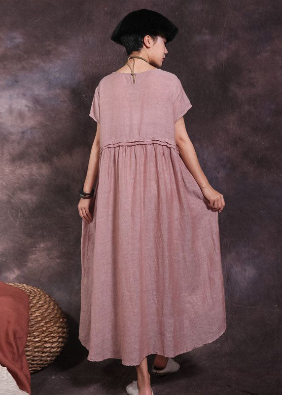 Pink O-neck Pockets Cotton Dress Short Sleeve