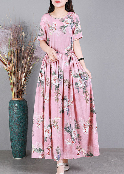 Pink O-neck Print Drawstring Linen Dresses Short Sleeve