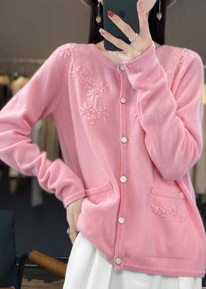 Pink O-neck Cashmere Knit Cardigan Fall