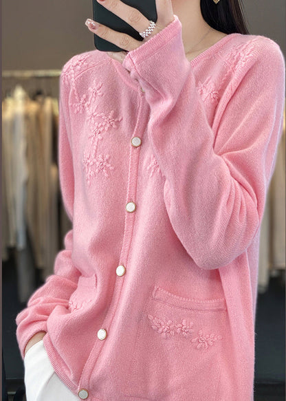 Pink O-neck Cashmere Knit Cardigan Fall