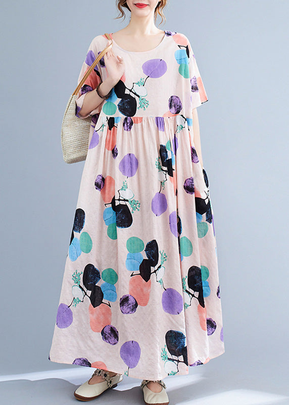Pink O-neck Wrinkled Cozy Maxi Dresses Summer