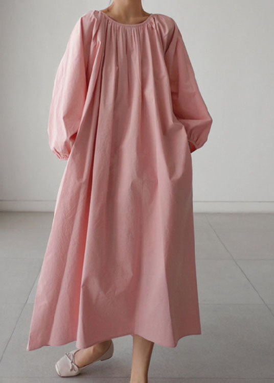 Pink O-neck Wrinkled Cotton Holiday Dress Spring