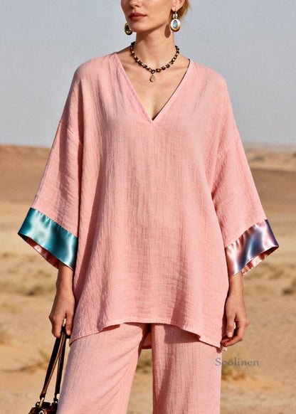 Pink Oversized Tops and Crop Pants Silk Patchwork Two Pieces Set V Neck