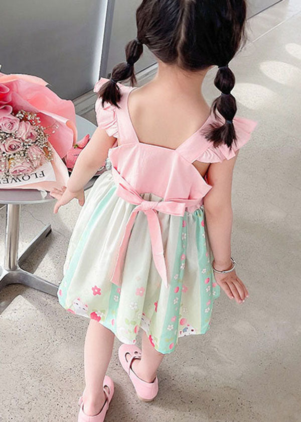 Pink Patchwork Cotton Baby Dresses Embroideried Wrinkled Summer