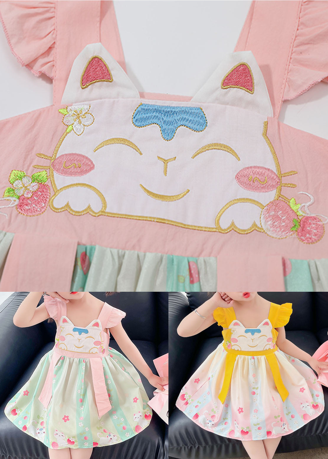 Pink Patchwork Cotton Baby Dresses Embroideried Wrinkled Summer