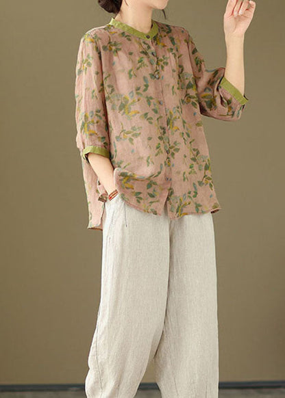 Pink Patchwork Linen Blouse Tops Stand Collar Button Summer