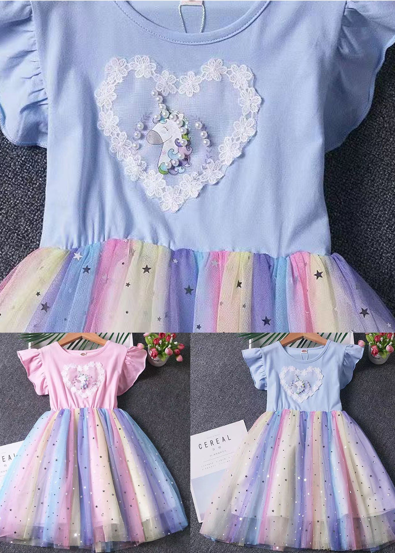 Pink Patchwork Tulle Baby Dress Pony Sequins Wrinkled Summer