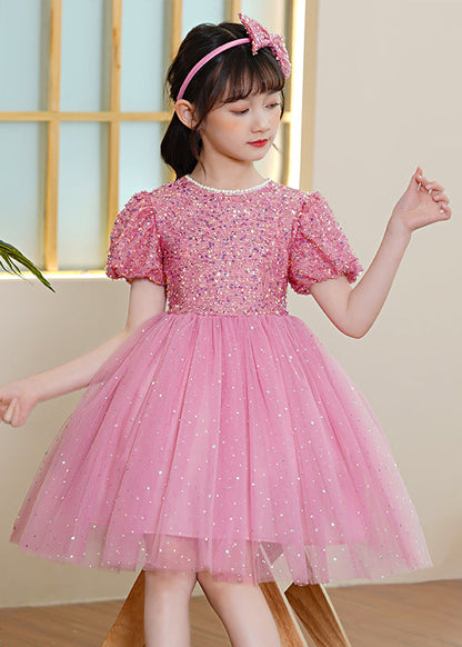Pink Patchwork Tulle Kids Maxi Dresses Sequins Exra Large Hem Puff Sleeve
