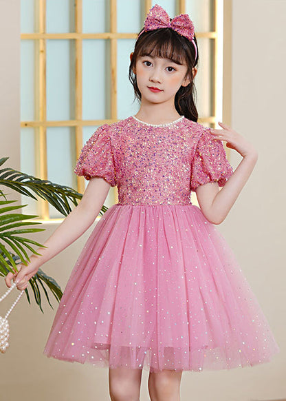 Pink Patchwork Tulle Kids Maxi Dresses Sequins Exra Large Hem Puff Sleeve