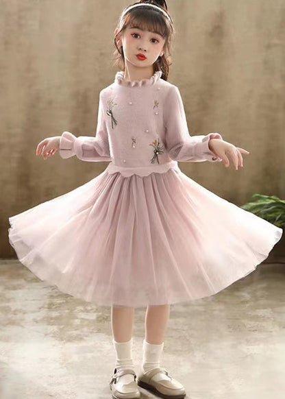 Pink Patchwork Tulle Kids Princess Dress Ruffled Nail Bead Fall