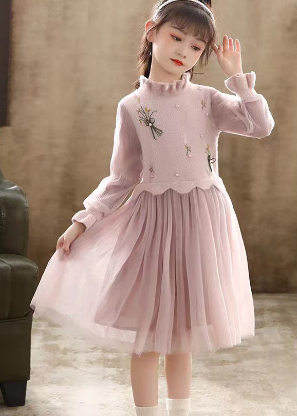 Pink Patchwork Tulle Kids Princess Dress Ruffled Nail Bead Fall