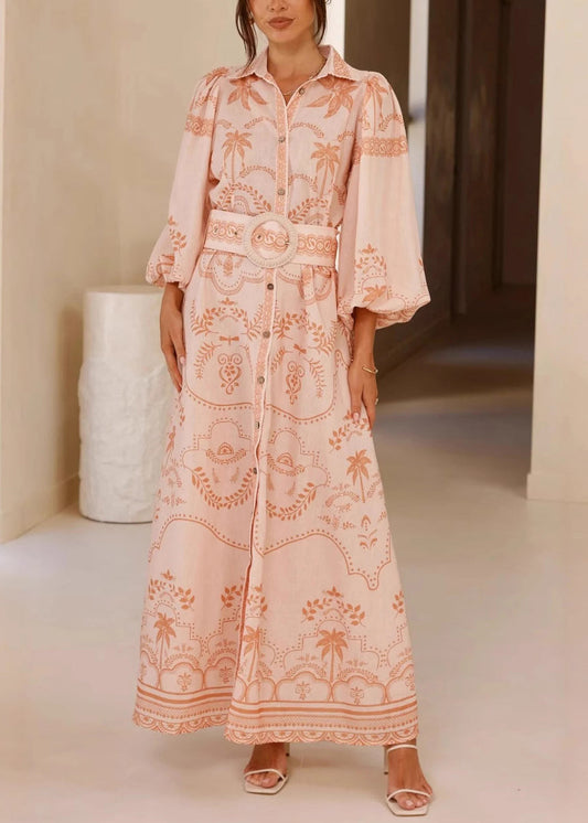 Pink Peter Pan Collar Button Long Dresses Fall