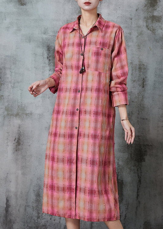 Pink Plaid Cotton Long Shirt Oversized Spring