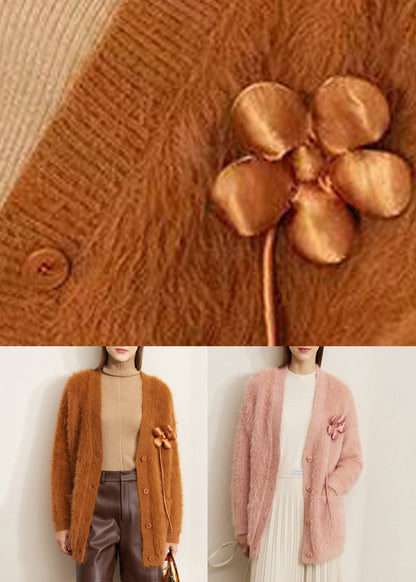 Pink Pockets Mink Velvet Cardigan V Neck Spring
