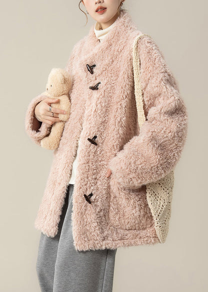 Pink Pockets Teddy Faux Fur Coat Stand Collar