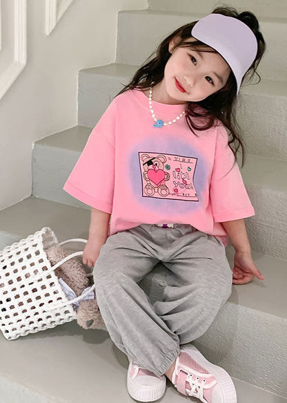 Pink Print Cotton Baby T Shirts Top O Neck Summer
