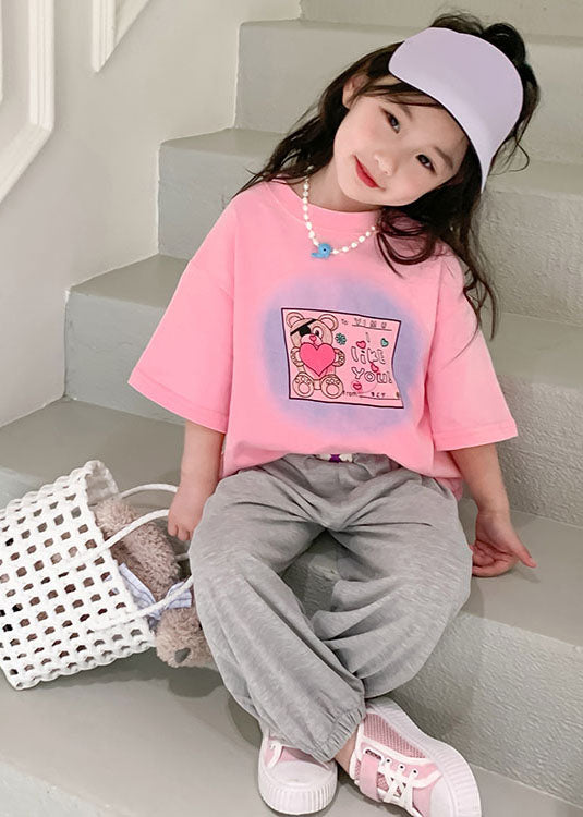 Pink Print Cotton Baby T Shirts Top O Neck Summer