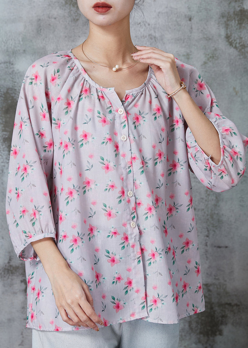 Pink Print Cotton Shirt Tops O-neck Bracelet Sleeve