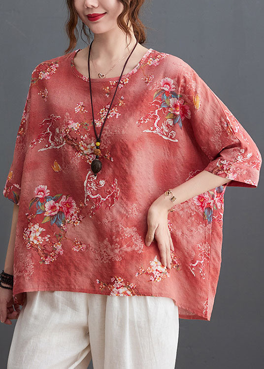 Pink Print Linen Loose Tank O-neck Low High Design Half Sleeve