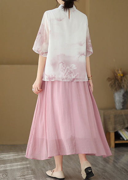 Pink Print Patchwork Silk Shirt Tops Stand Collar Button Summer