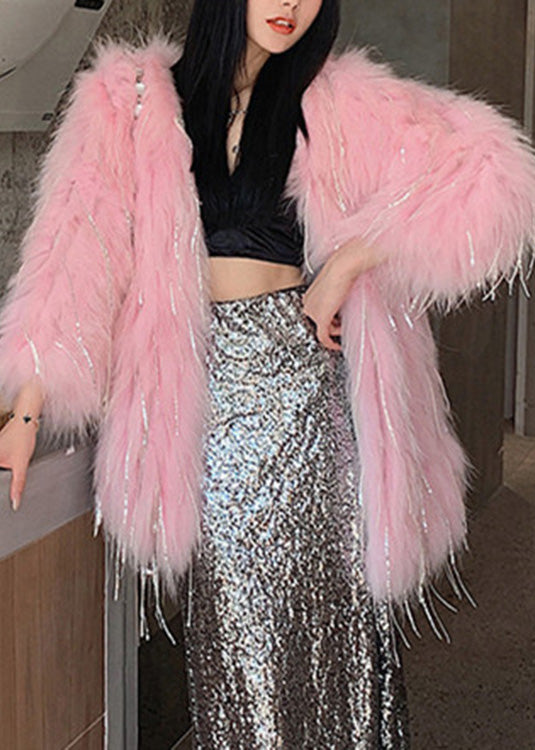 Pink Faux Fur Collar Button Leather and Fur Long Coats Winter