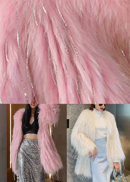 Pink Faux Fur Collar Button Leather and Fur Long Coats Winter
