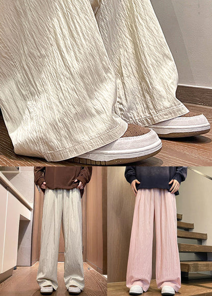 Pink Ice Silk Summer Wide Leg Pants Elastic Waist