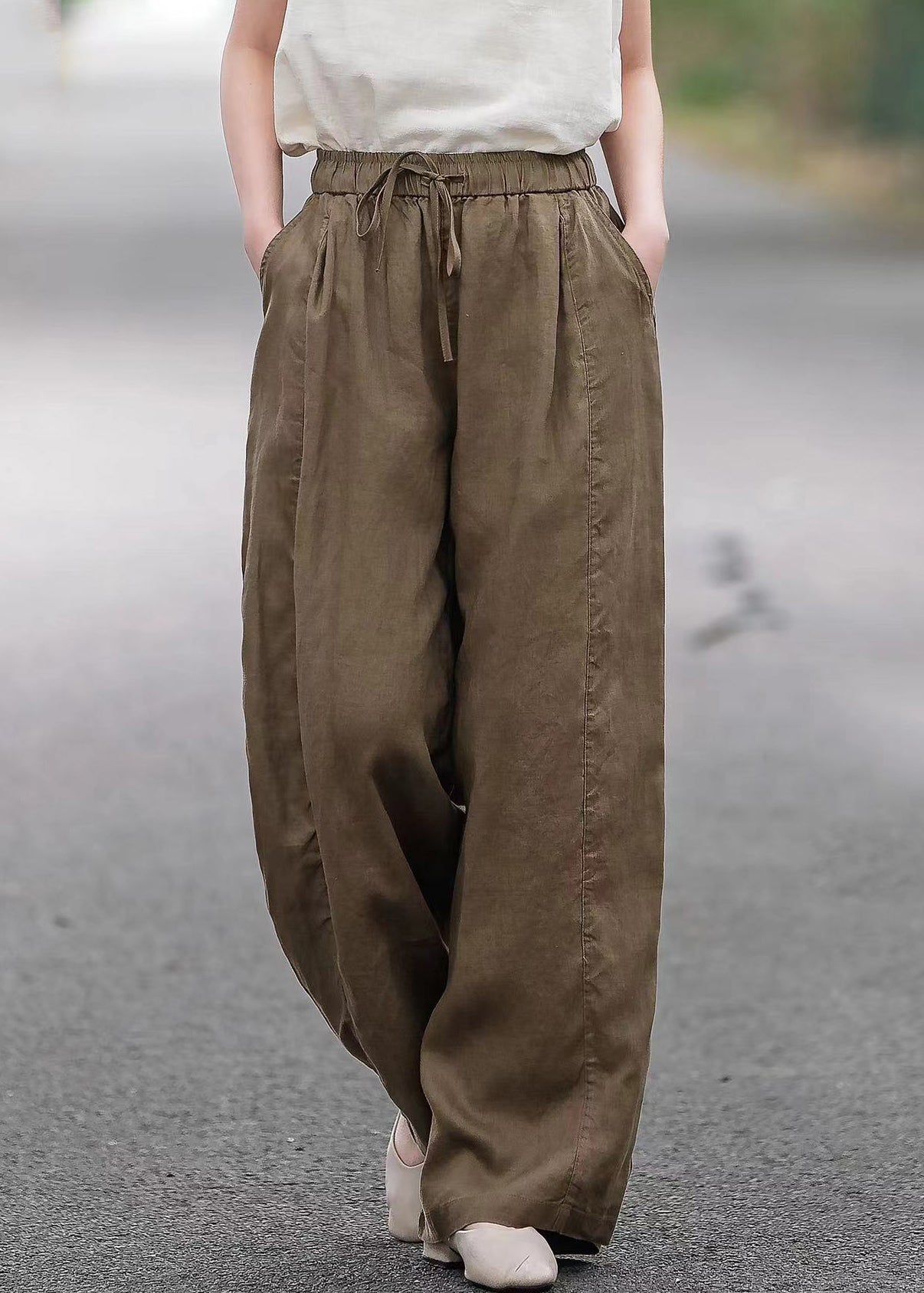 Pink Linen Summer Straight Pants Elastic Waist