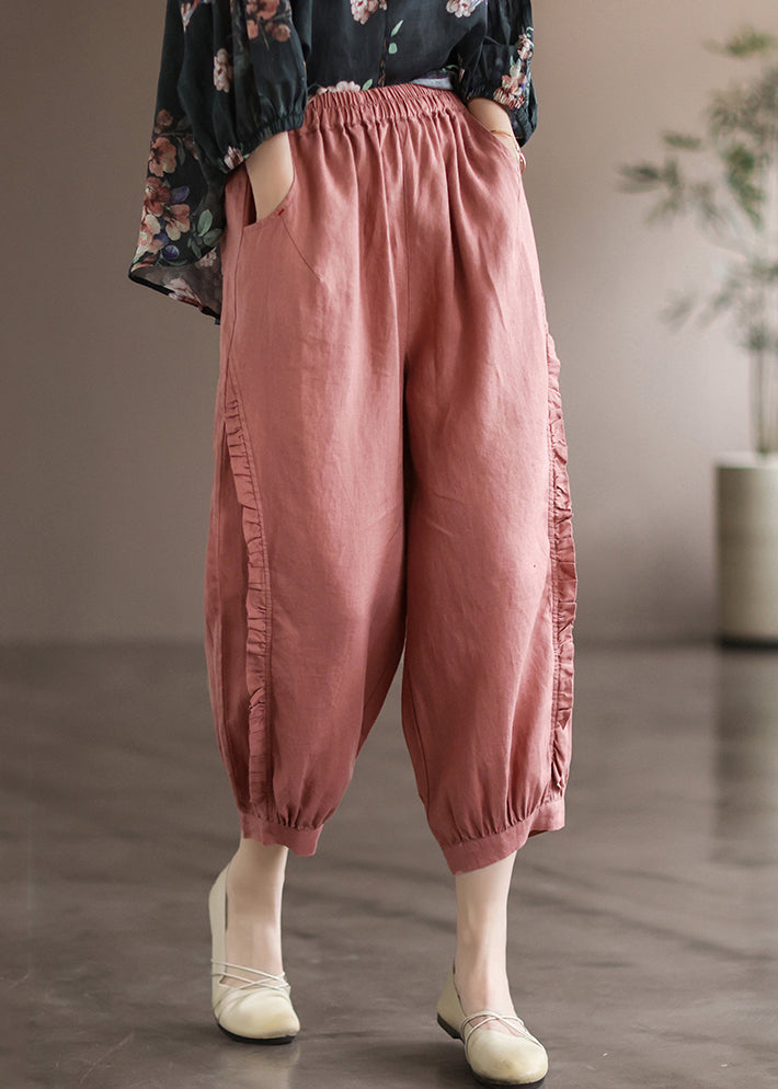Pink Pockets Linen Crop Pants Elastic Waist