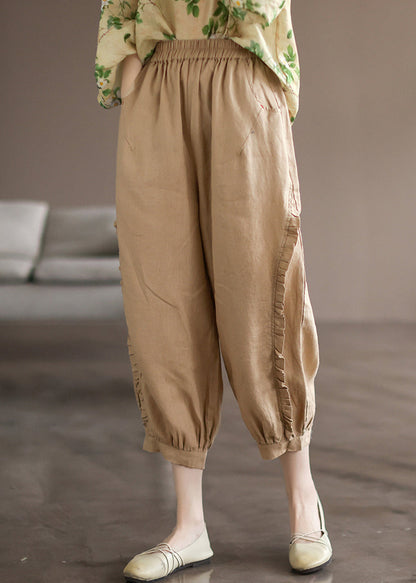 Pink Pockets Linen Crop Pants Elastic Waist