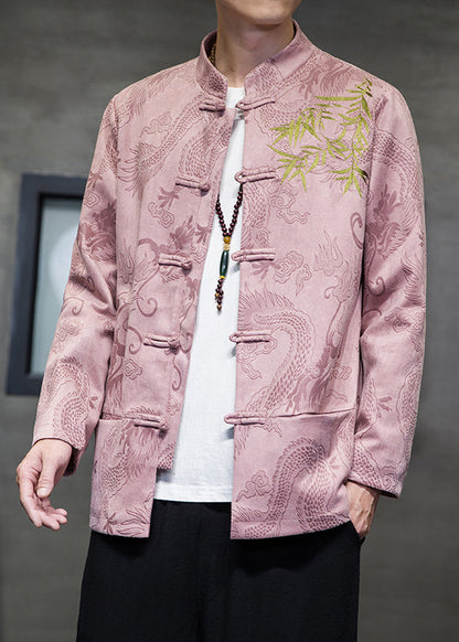 Pink Stand Collar Button Coats Long Sleeve