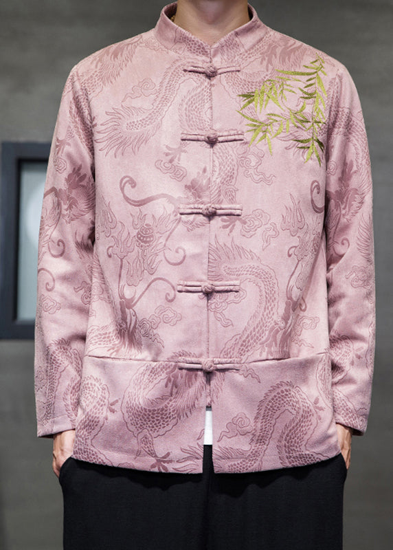 Pink Stand Collar Button Coats Long Sleeve
