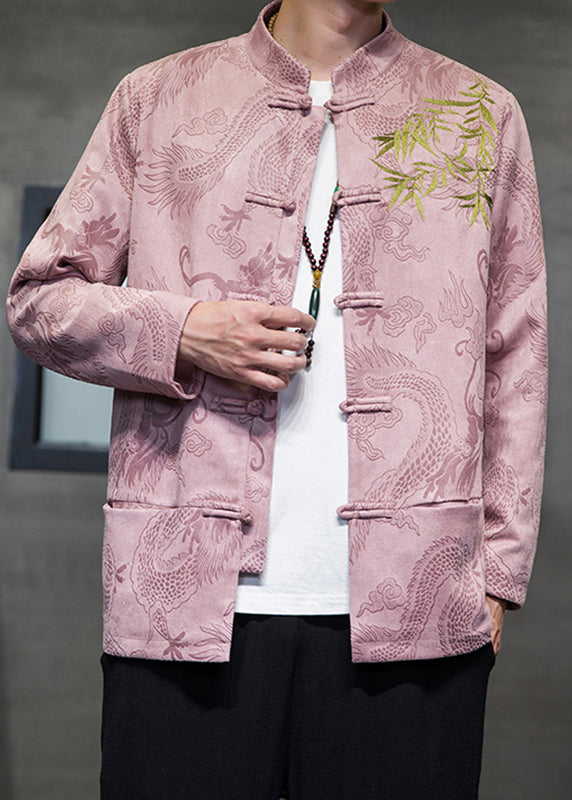 Pink Stand Collar Button Coats Long Sleeve