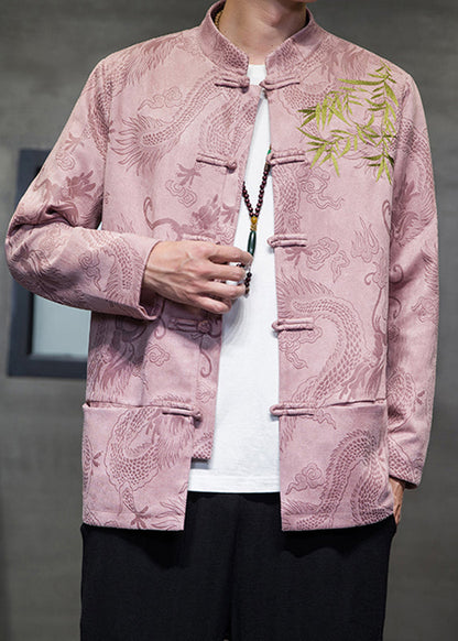 Pink Stand Collar Button Coats Long Sleeve