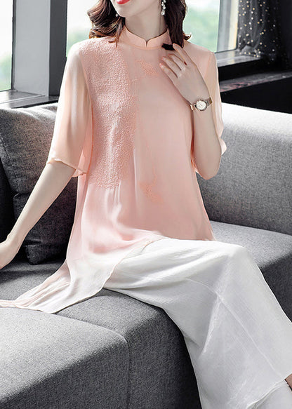 Pink Stand Collar Silk Top and Crop Pants Two Pieces Set Fall
