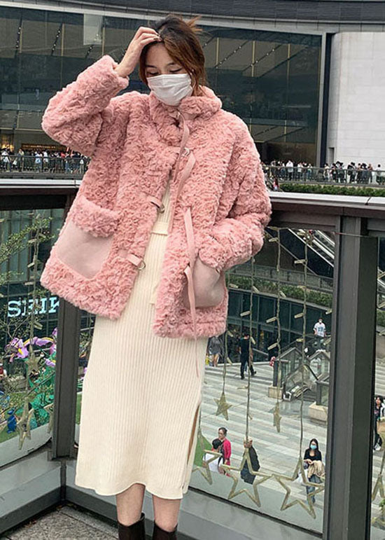 Pink Stand Collar Tie Faux Fur Coat Winter
