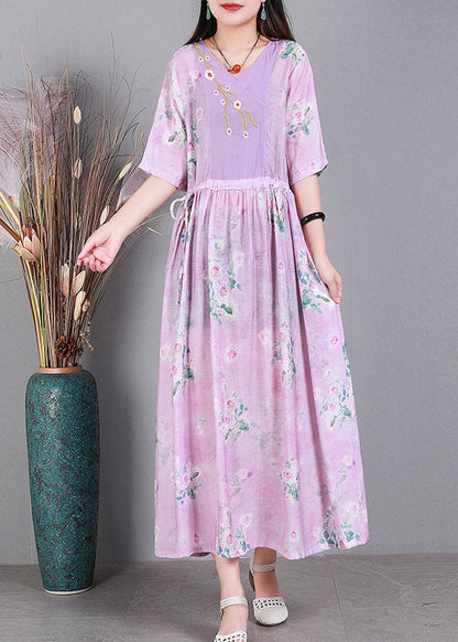 Pink V Neck Embroideried Drawstring Tie Waist Silk Vacation Dresses Short Sleeve