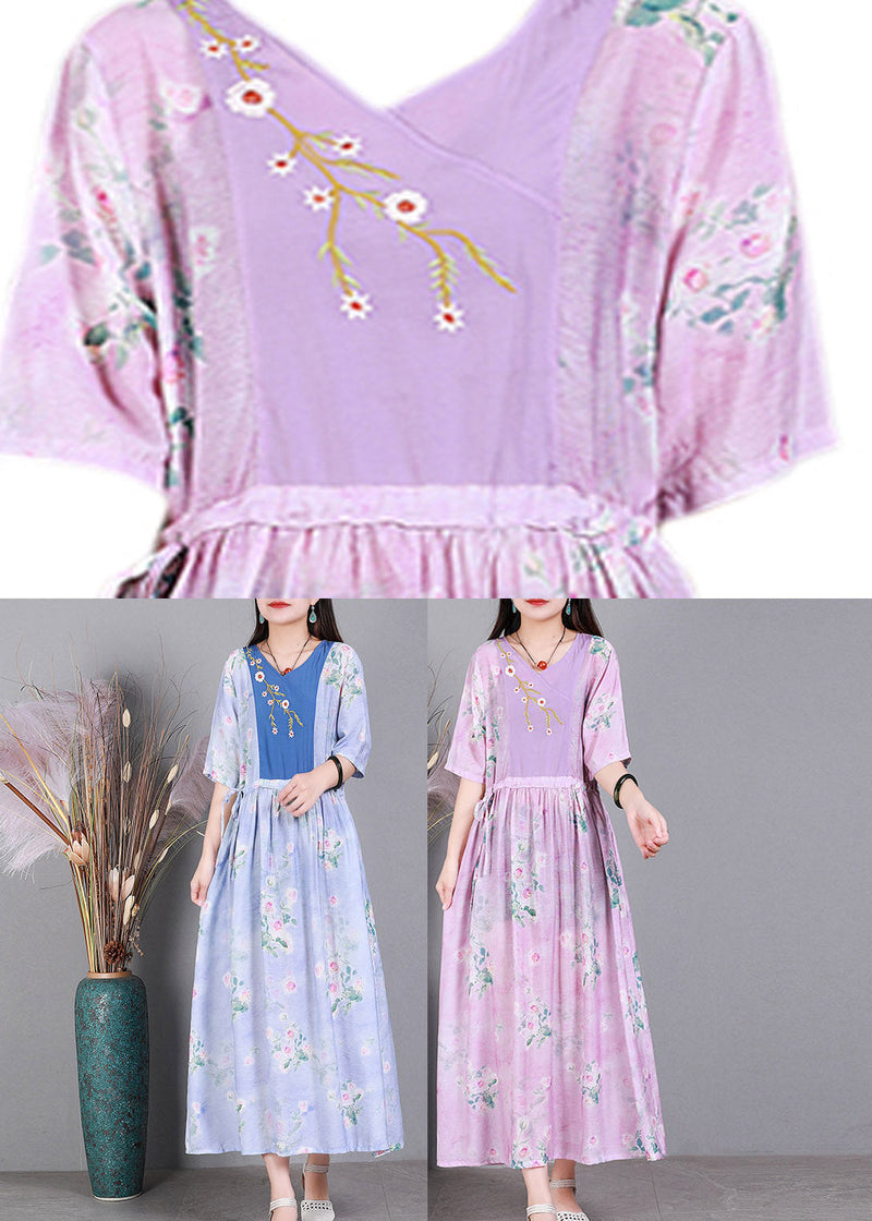 Pink V Neck Embroideried Drawstring Tie Waist Silk Vacation Dresses Short Sleeve