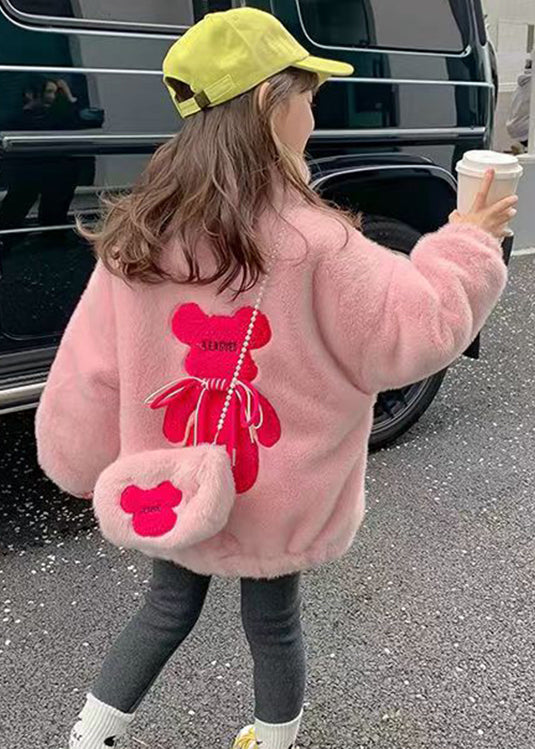 Pink Zip Up Pockets Patchwork Warm Fleece Coats Stand Collar Long Sleeve
